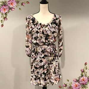 Long‎ sleeve floral dress with belt cottage core style